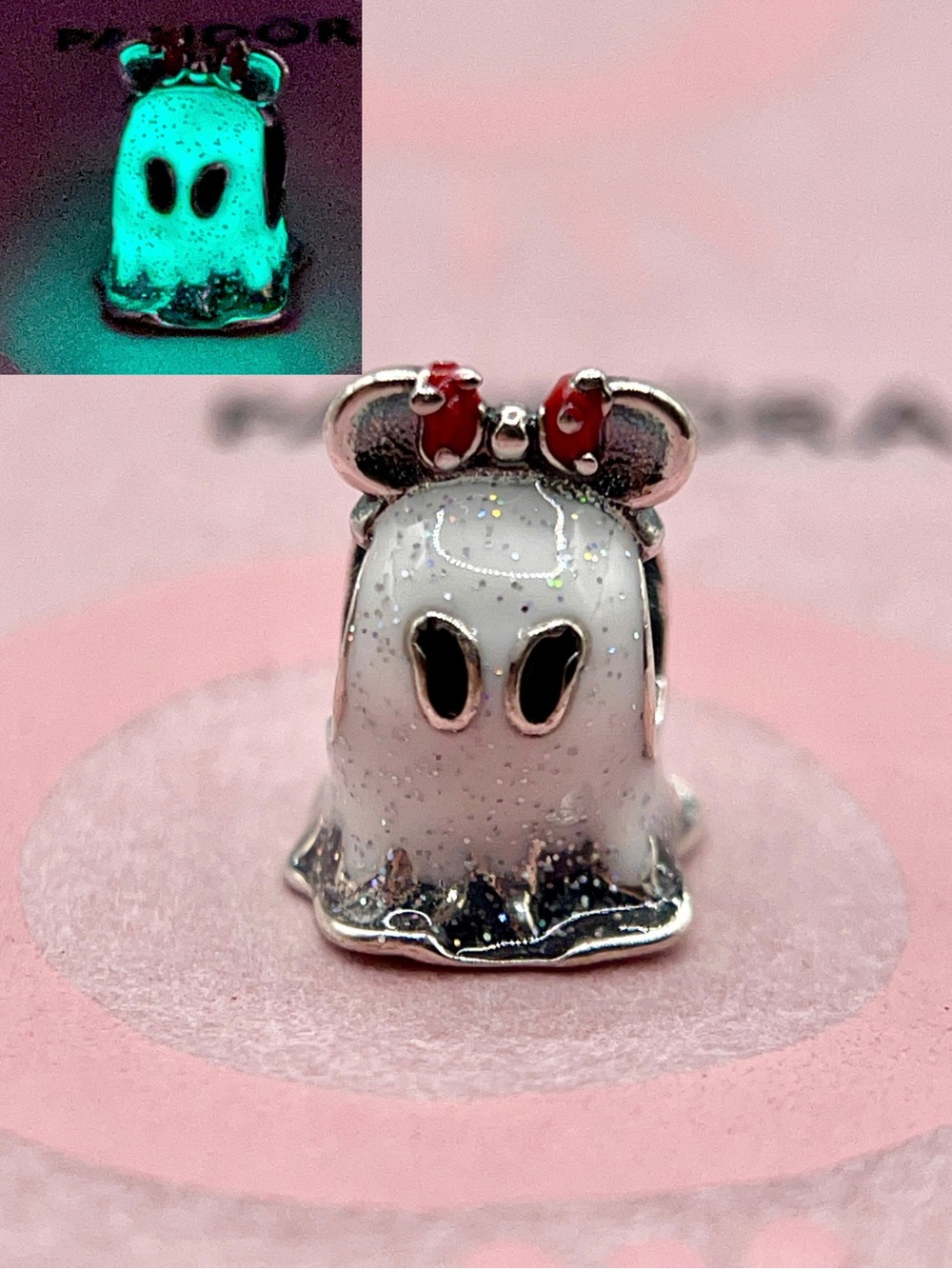 Pandora Disney Minnie Mouse Ghost Glow In The Dark Glitter Enamel Halloween